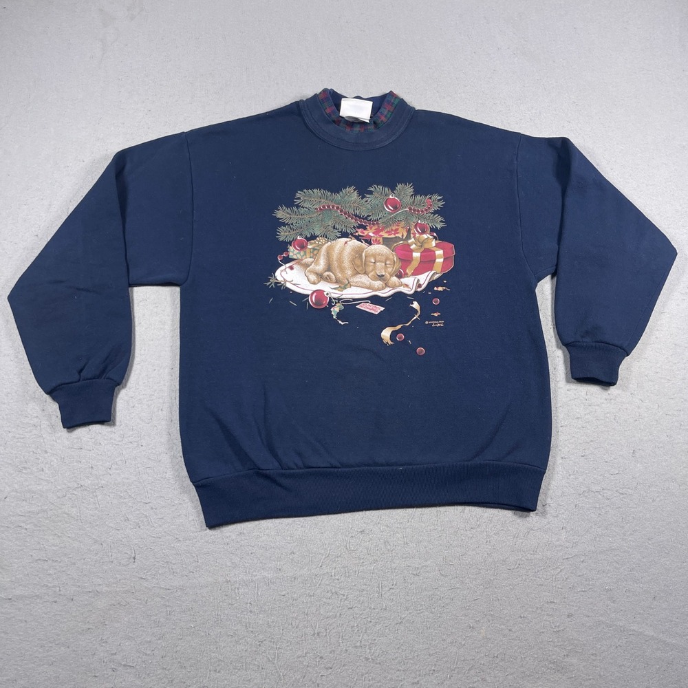 Vintage Sweatshirt Large Morning Sun Christmas Puppy Dog Plaid Collar Holiday‎